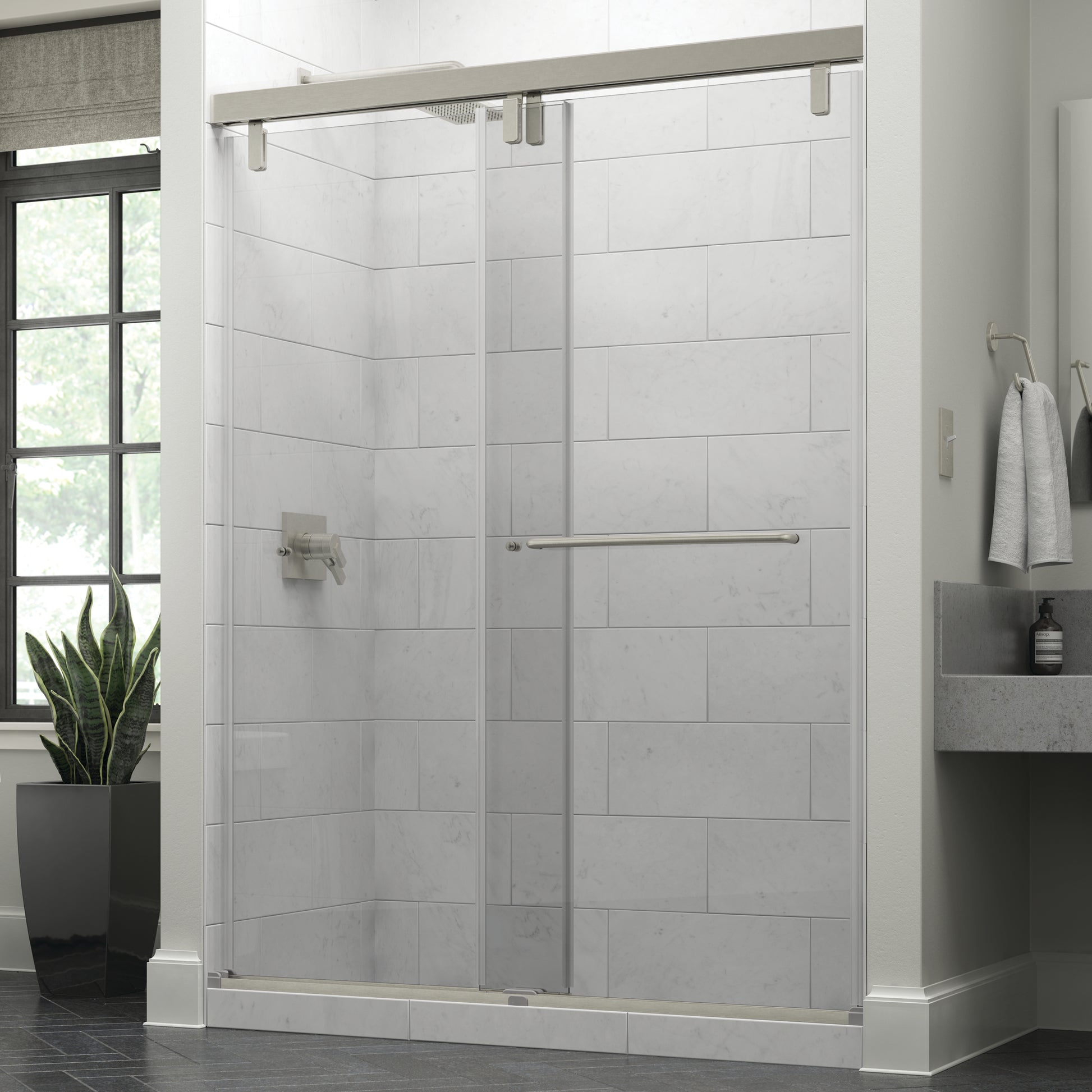 60" Shower / Clear / Delta Brushed Nickel