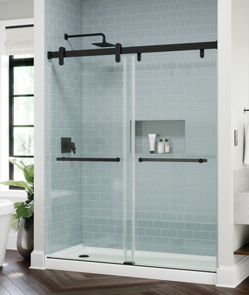Walk in shower with sliding glass shower doors